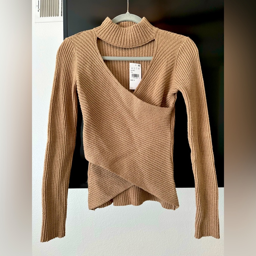 ‘ASTR The Label’ Tan Cross Front Mock Neck Sweater for sale (NWT)!